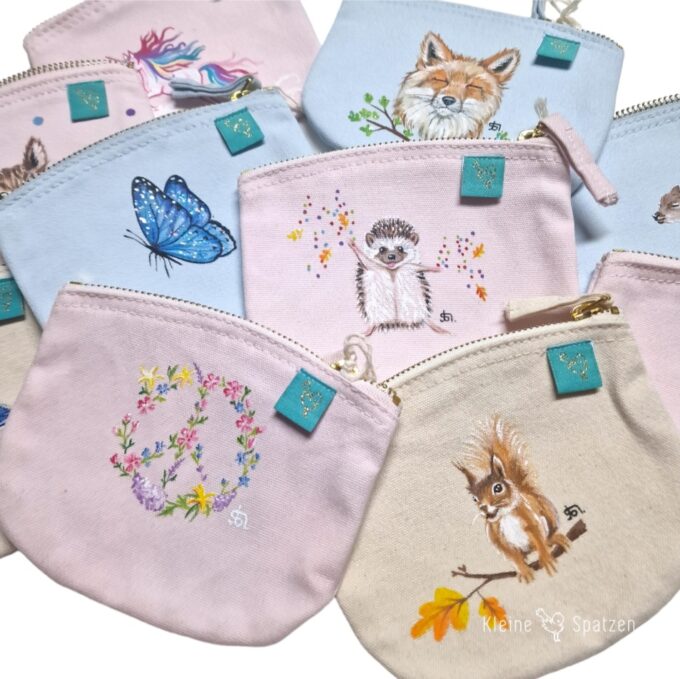 Auswahl Handbemaltes Portemonnaie Täschchen Bio Baumwolle by Kleine-Spatzen personalisiert mit Namenszug einzigartig Tiermotive individuelles Geschenk Geschenkidee
