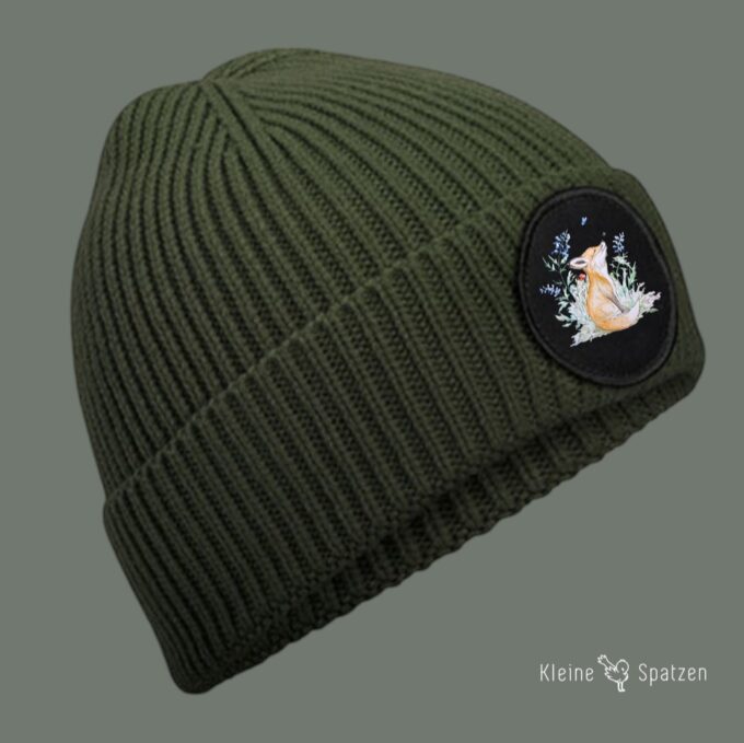 Mütze mit rundem Patch Olive mit Blumenfuchs (2)