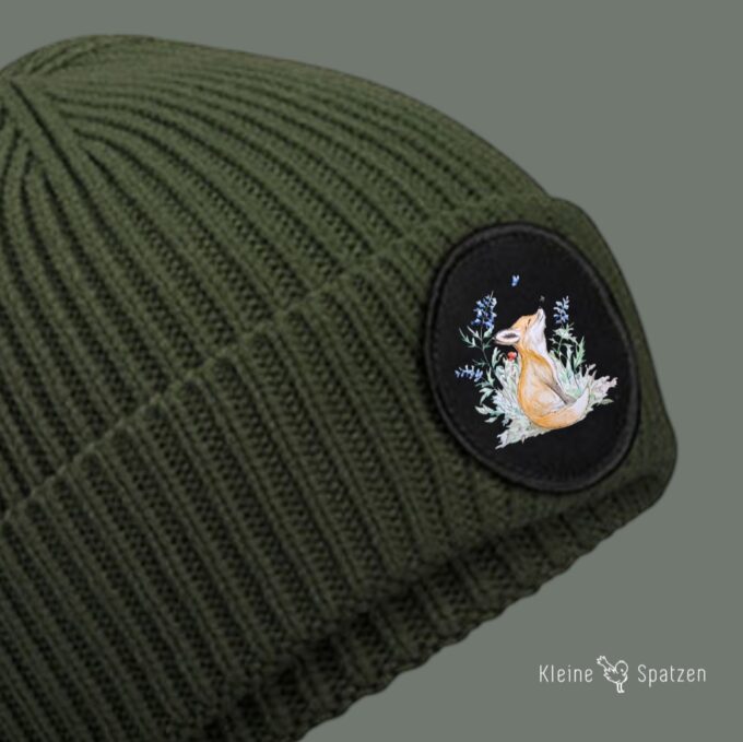 Mütze mit rundem Patch Olive mit Blumenfuchs