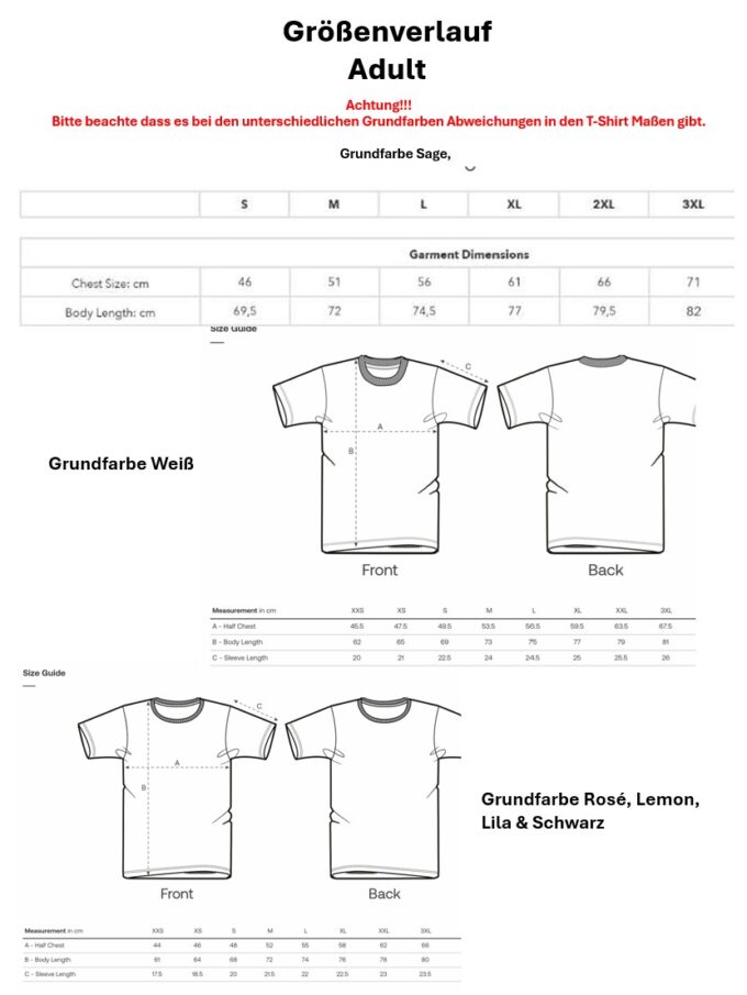 Größenverlauf T-Shirts Adult